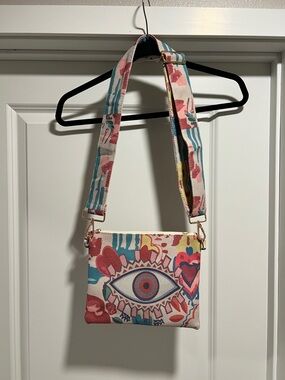 Karma Highway Eye-Print Canvas Crossbody Bag in Multi-Color with Guitar Strap